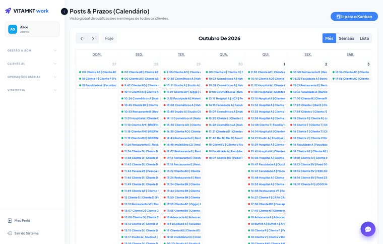 Calendário de entregas — tela do sistema, com os dados do cliente trocados