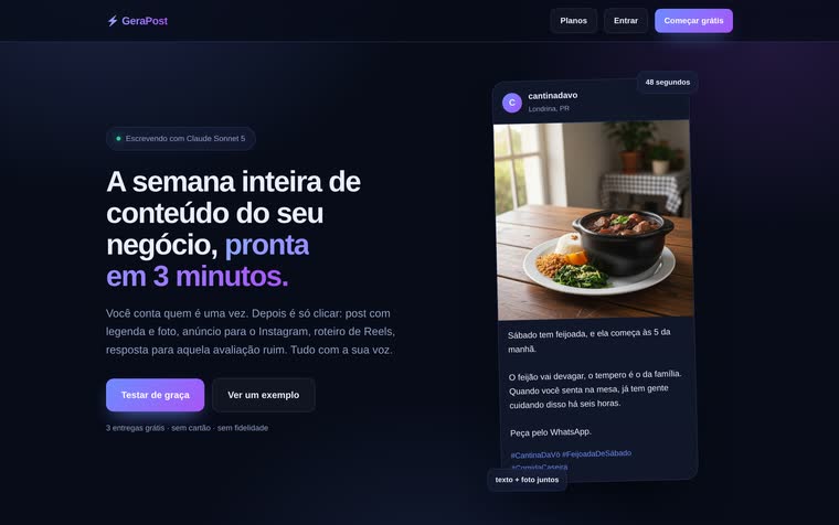 App que monta a semana de conteúdo — tela do sistema, com os dados do cliente trocados