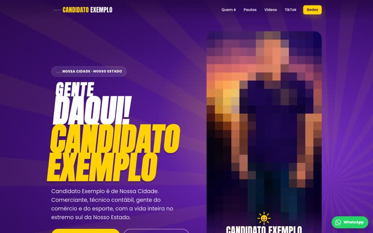 Site de candidato com vídeos — página de campanha, com nome, número e rosto do candidato escondidos