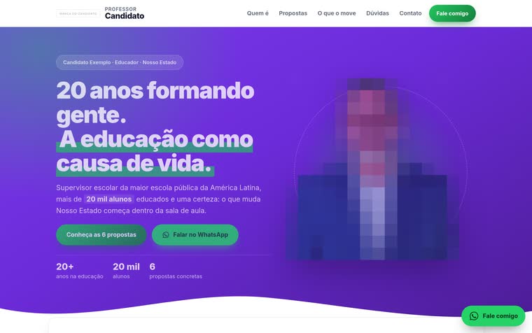 Página de candidato a deputado — página de campanha, com nome, número e rosto do candidato escondidos