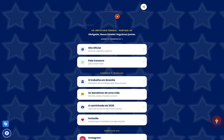 Página de links do mandato — página de campanha, com nome, número e rosto do candidato escondidos