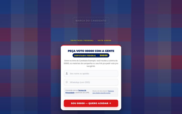 Plataforma de mobilização — página de campanha, com nome, número e rosto do candidato escondidos