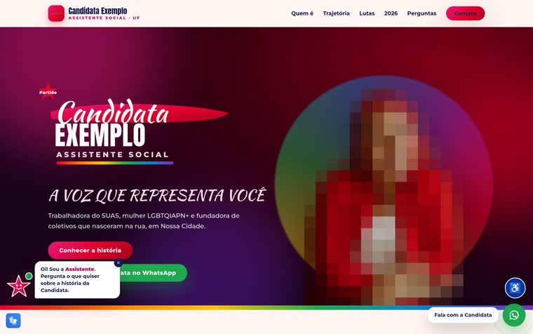 Site completo de candidata — página de campanha, com nome, número e rosto do candidato escondidos