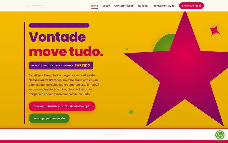 Site de vereadora — página de campanha, com nome, número e rosto do candidato escondidos