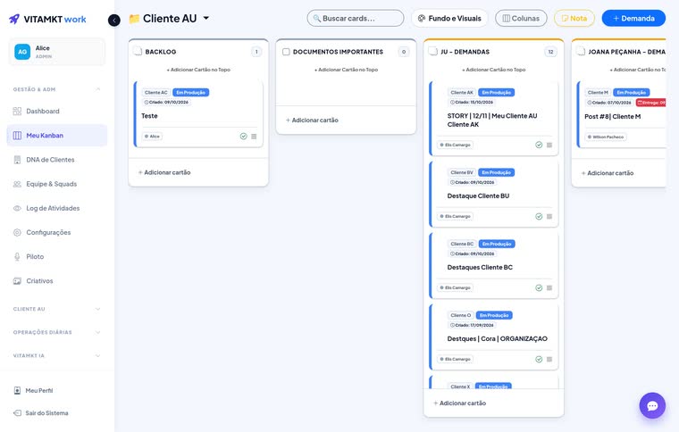 Painel de operação da equipe — tela do sistema, com os dados do cliente trocados