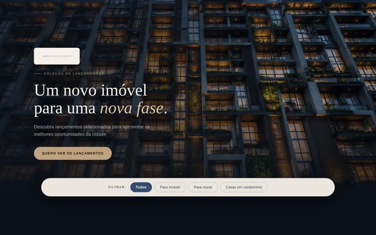 Página de lançamento imobiliário — tela do sistema, com os dados do cliente trocados