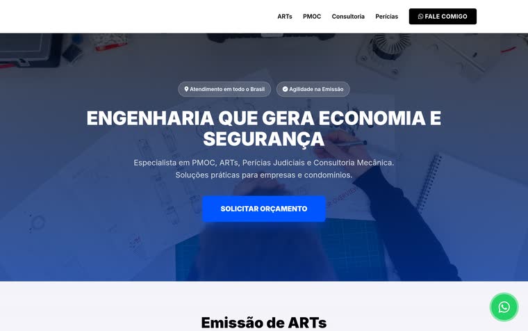 Site de engenharia — tela do sistema, com os dados do cliente trocados